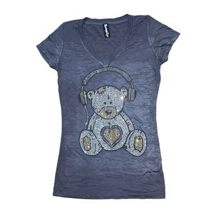 Rawyalty rhinestone studded Teddy Bear v-Neck Tee Shirt size Medium